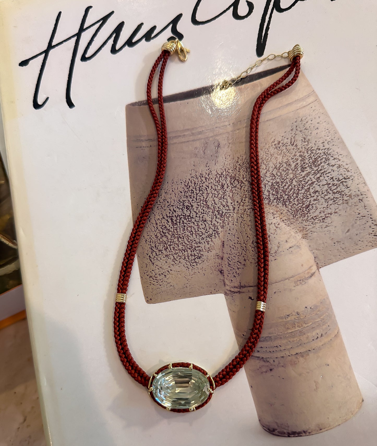 Concave-Cut Green Amethyst Silk Cord Pendant - Rust