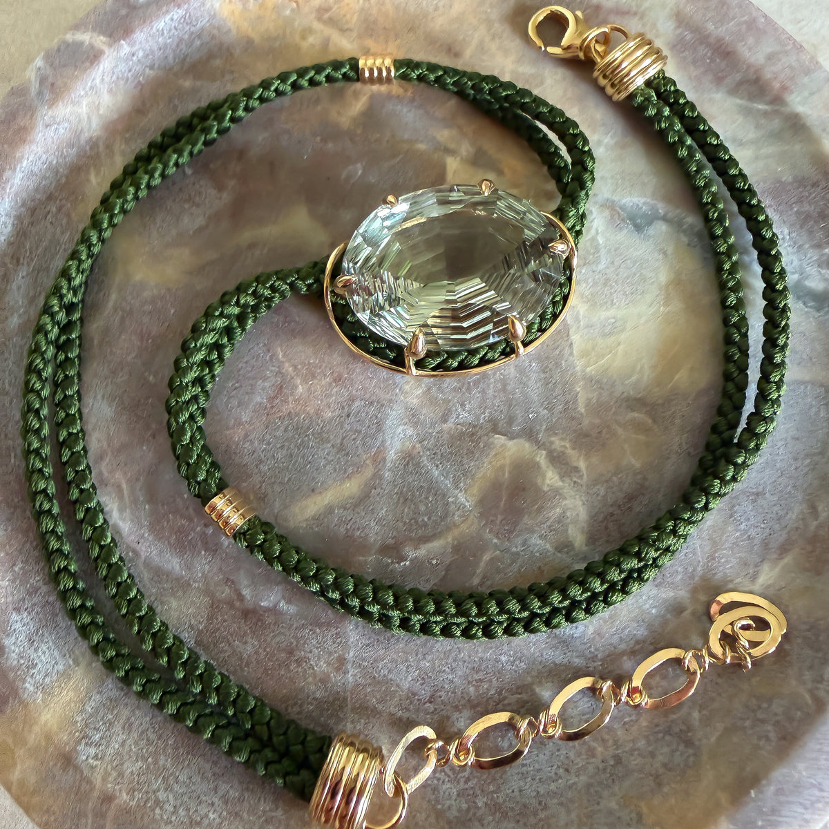 Green Amethyst Silk Cord Pendant - Dark Green