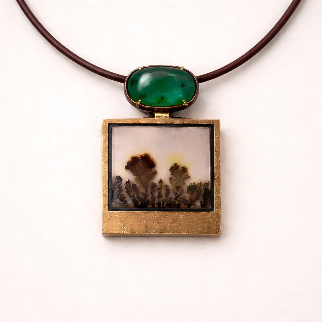 Pendentif fixe en agate dendritique et émeraude