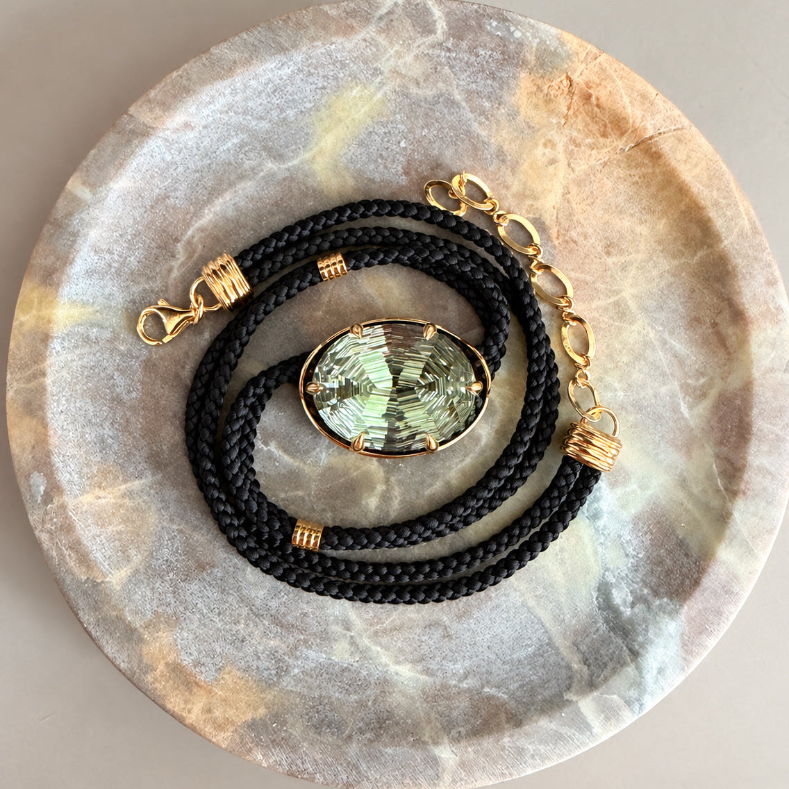 Concave-Cut Green Amethyst Silk Cord Pendant - Black