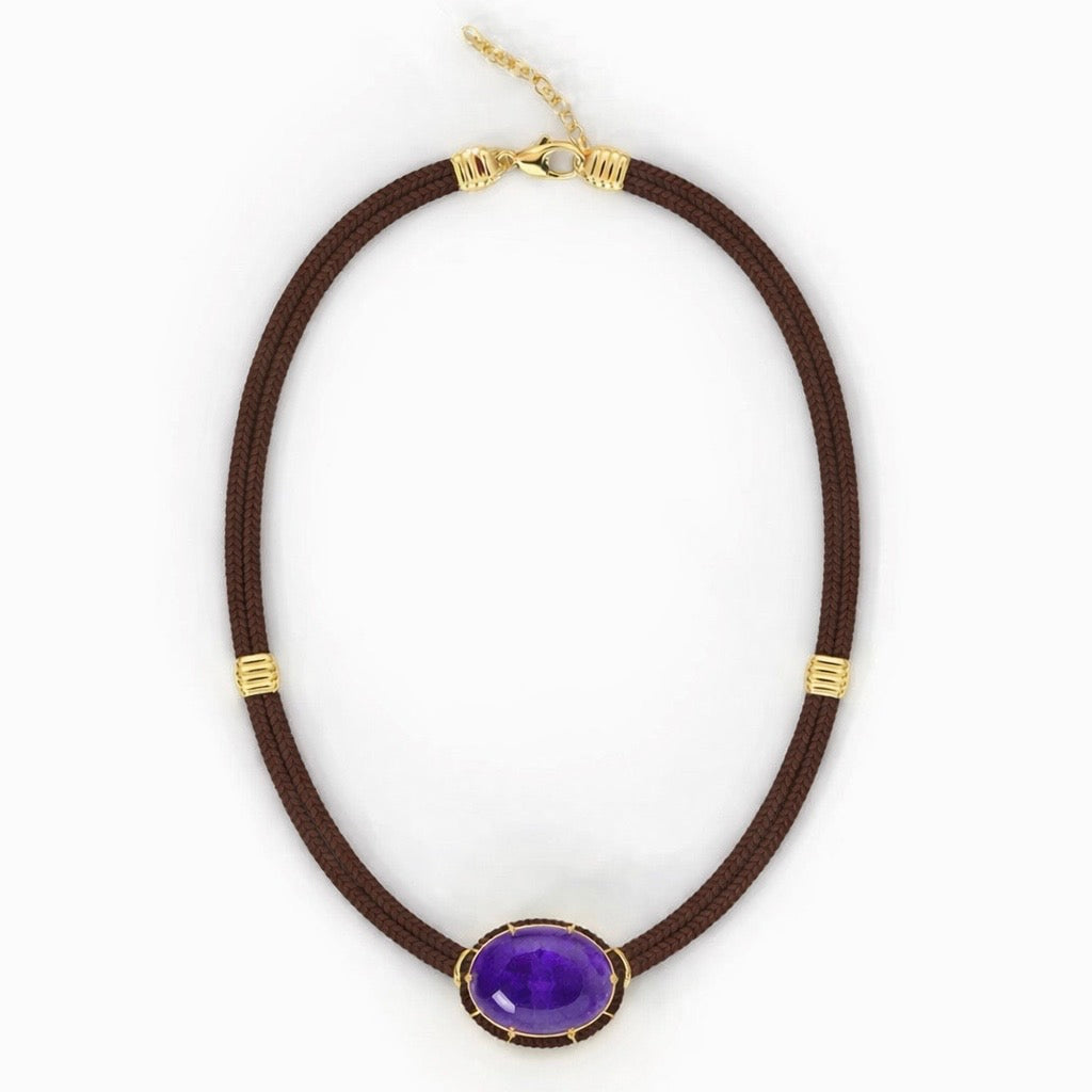 Purple Amethyst Cabochon Silk Cord Pendant - Brown