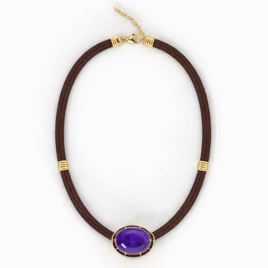 Purple Amethyst Cabochon Silk Cord Pendant - Brown