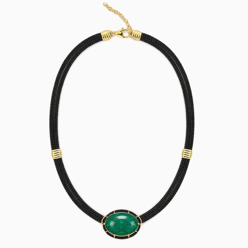 Emerald Cabochon Silk Cord Pendant  - Black