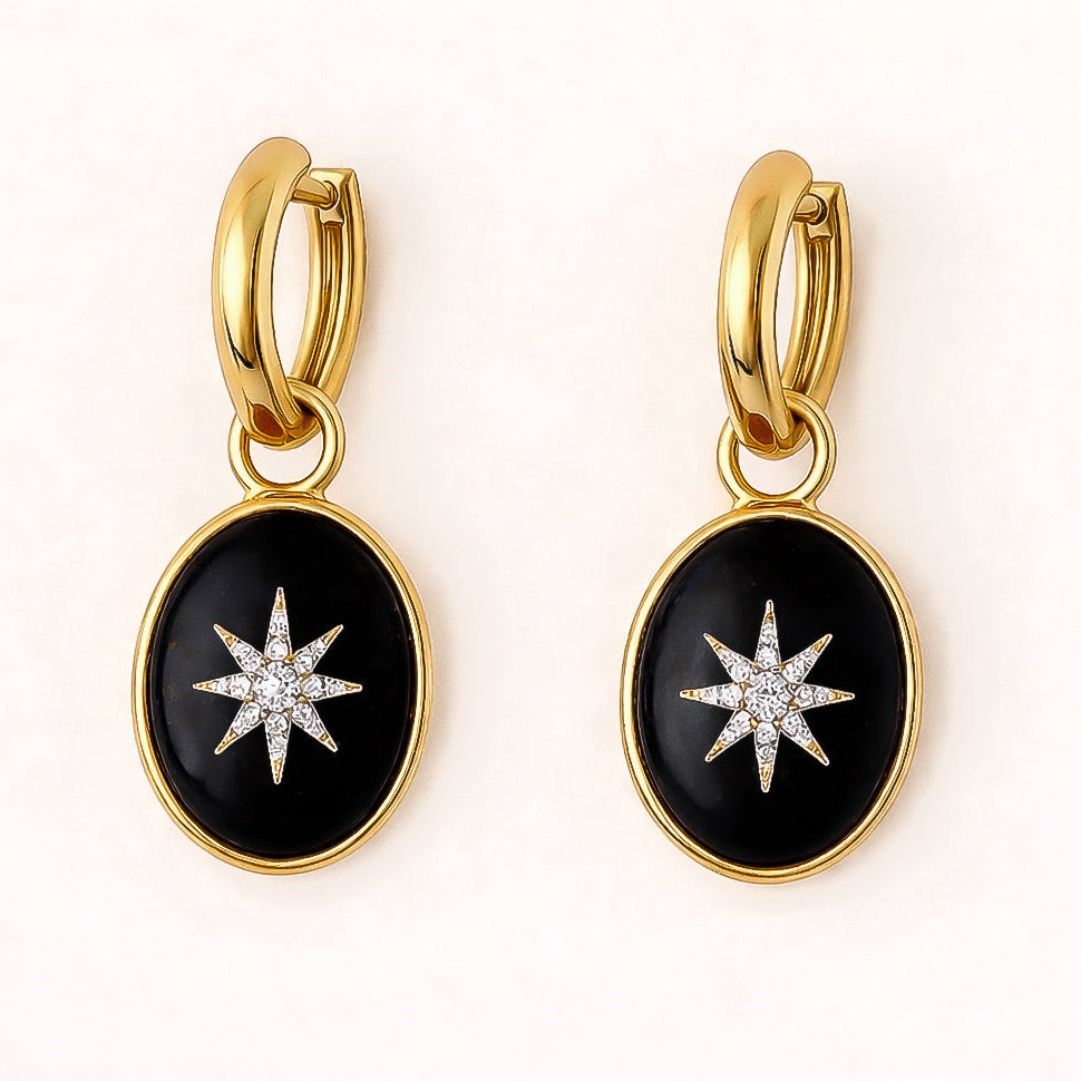 Mini pendentifs d'oreilles en onyx et diamants, effet soleil