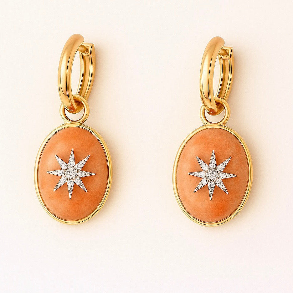Peach Coral & Diamond Sunburst Mini Ear Pendants