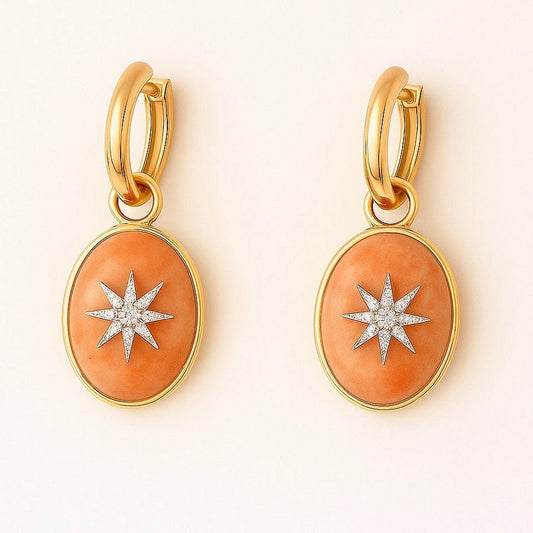Peach Coral & Diamond Sunburst Mini Ear Pendants