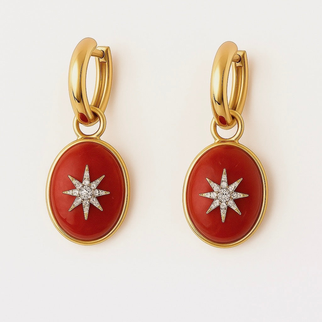 Mini pendentifs d'oreilles en corail rouge et diamant en forme de soleil