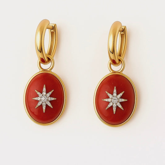 Red Coral & Diamond Sunburst Mini Ear Pendants
