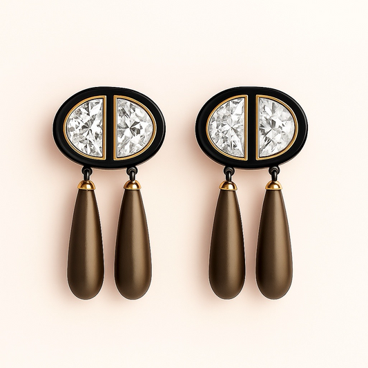 Boucles d'oreilles pendantes doubles en diamant et obsidienne dorée