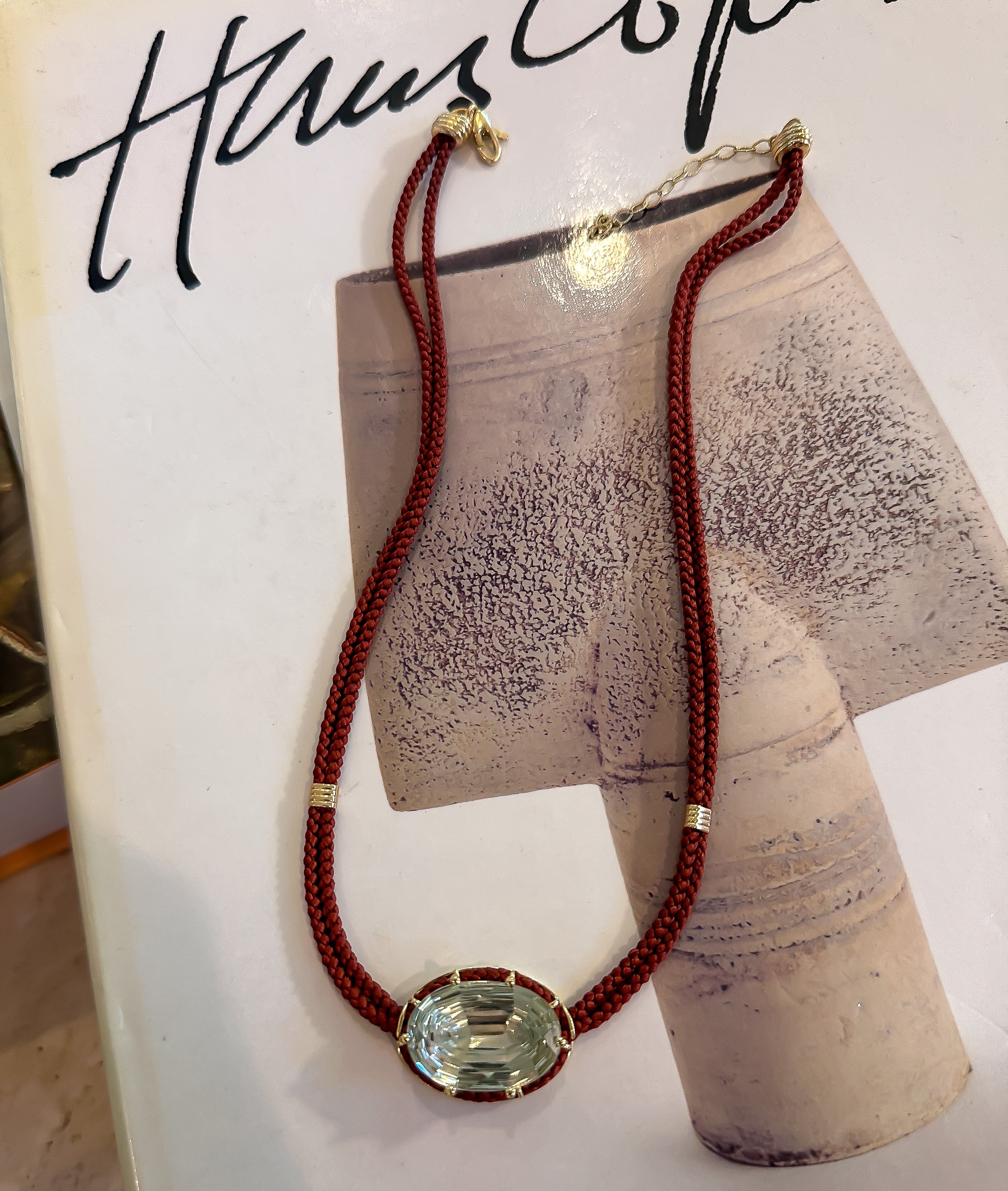 Concave-Cut Green Amethyst Silk Cord Pendant - Rust