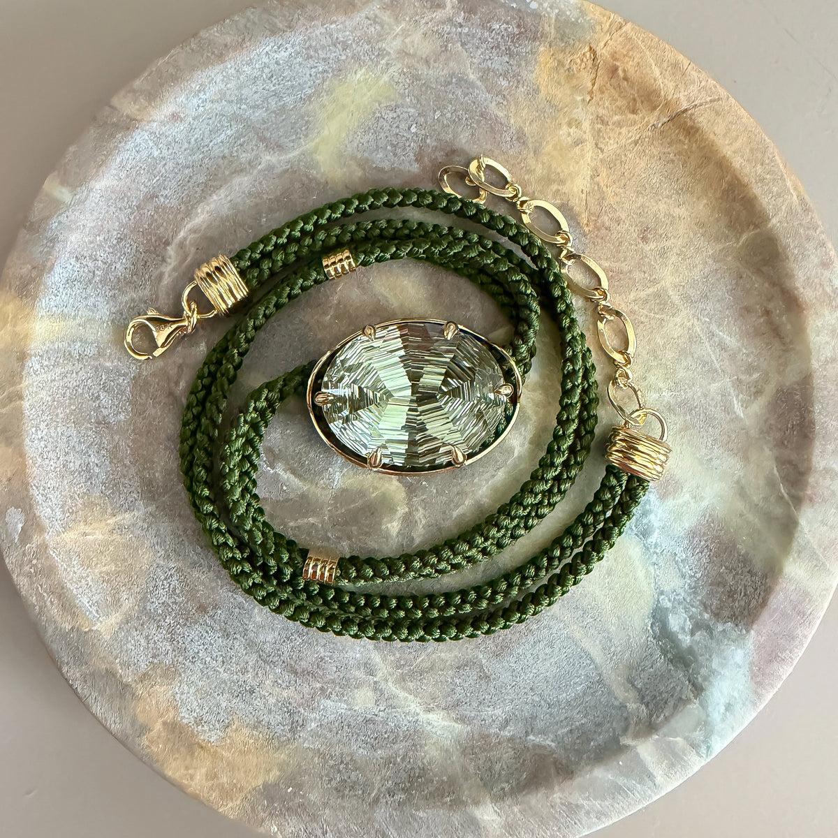 Green Amethyst Silk Cord Pendant - Dark Green