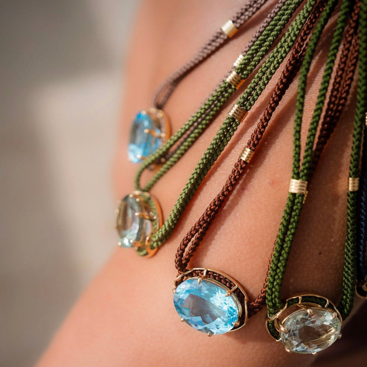 Blue Topaz Silk Cord Pendant - Taupe