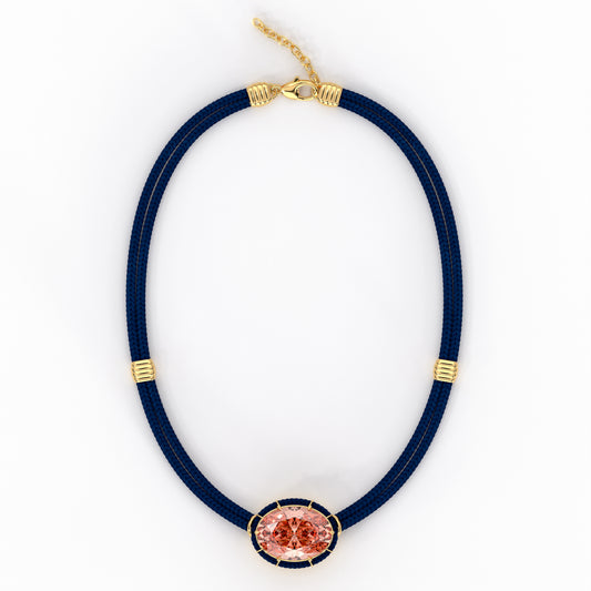Padparadscha Sapphire Silk Cord Pendant - Navy Blue